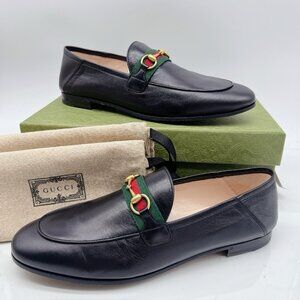 Gucci Brixton Horsebit Web Flat Loafer Black Leather Women EU 41.5 US 11.5